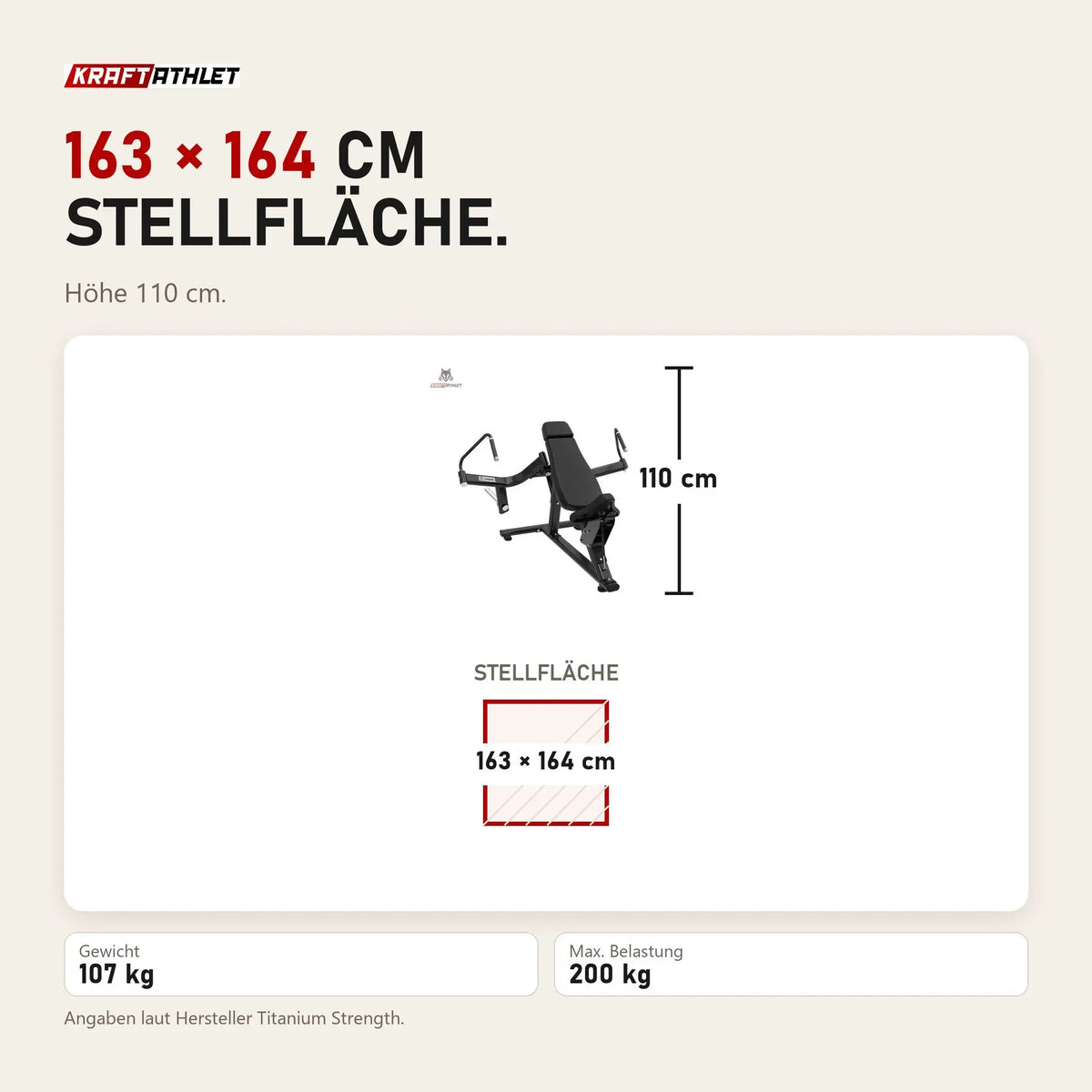 Maßbild Titanium Strength Black Series IsoLateral Incline Pec Fly Butterfly: Stellfläche 163 × 164 cm, Höhe 110 cm