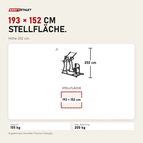 Maßbild Titanium Strength Black Series IsoLateral Latzug: Stellfläche 193 × 152 cm, Höhe 202 cm