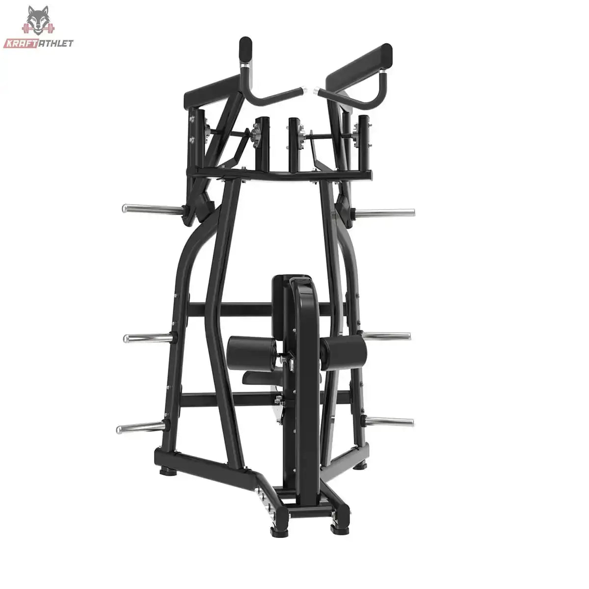 Titanium Strength Black Series IsoLateral Rowing Lat Pulldown Latzug in Frontansicht mit Griffen und Scheibenhaltern