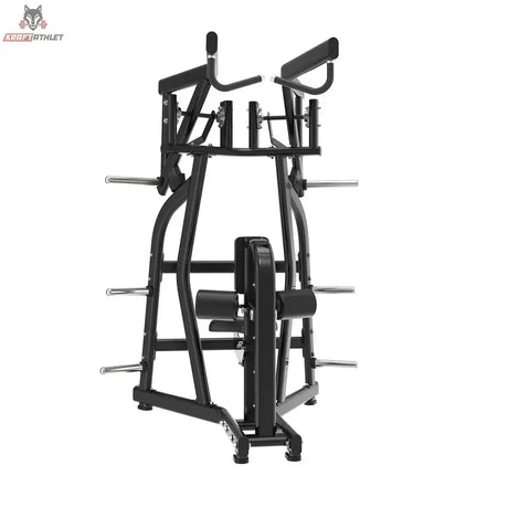 Titanium Strength Black Series IsoLateral Rowing Lat Pulldown Latzug in Frontansicht mit Griffen und Scheibenhaltern