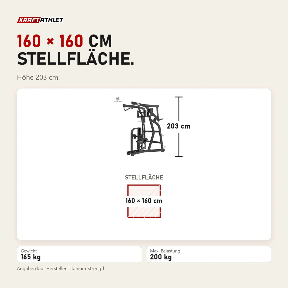 Maßbild Titanium Strength Black Series IsoLateral Rowing Lat Pulldown Latzug: Stellfläche 160 × 160 cm, Höhe 203 cm