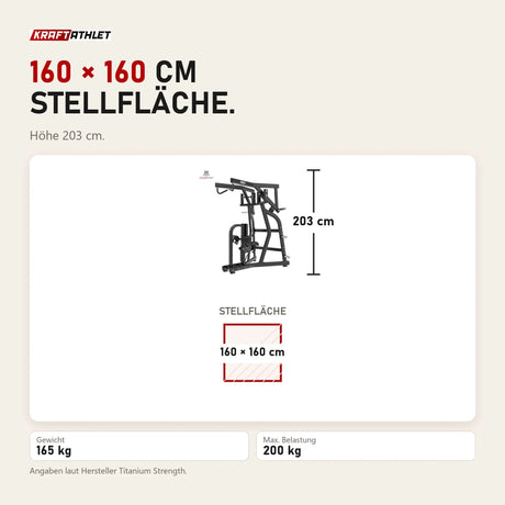 Maßbild Titanium Strength Black Series IsoLateral Rowing Lat Pulldown Latzug: Stellfläche 160 × 160 cm, Höhe 203 cm