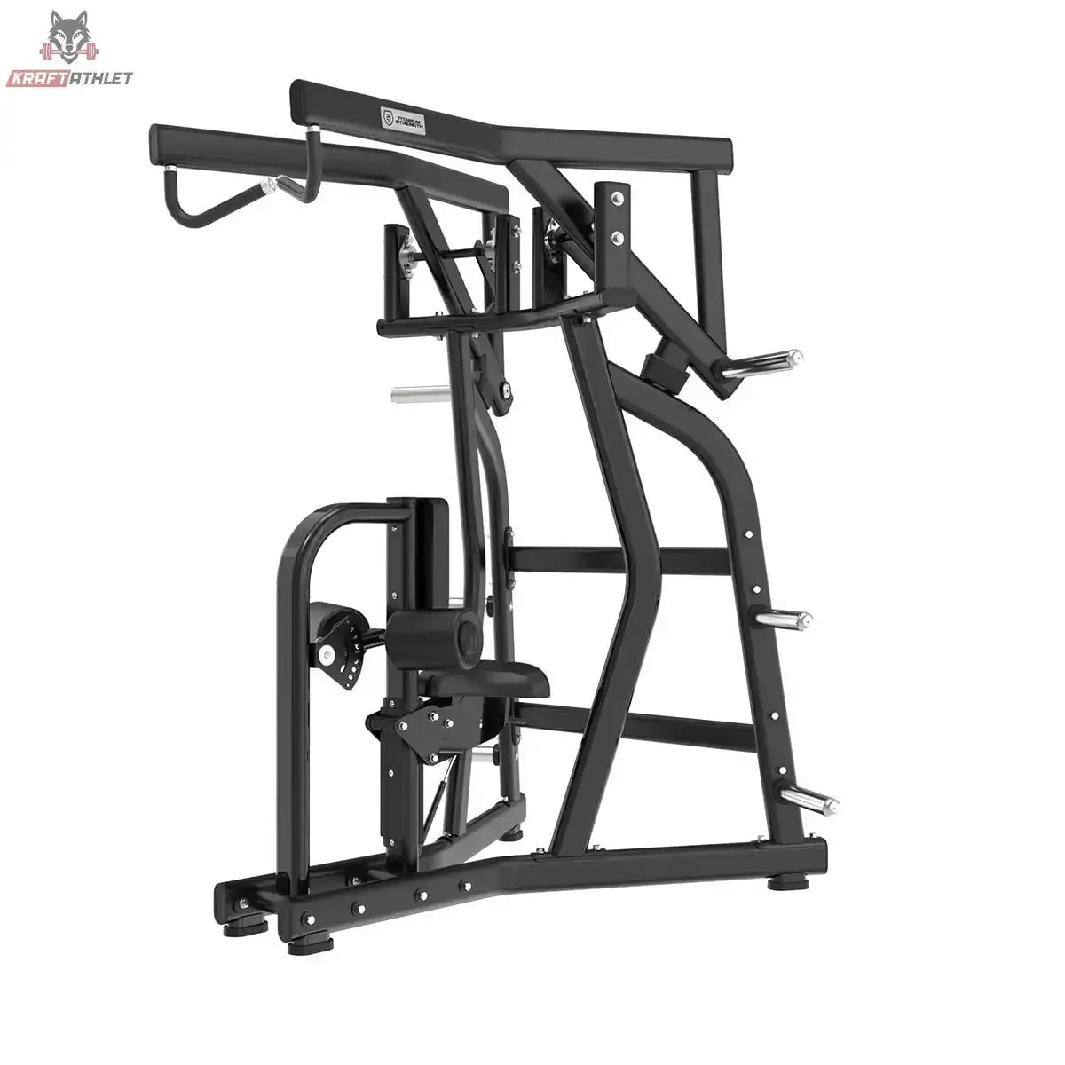 Titanium Strength Black Series IsoLateral Rowing Lat Pulldown Latzug in Seitenansicht mit Kniepolster und Sitz