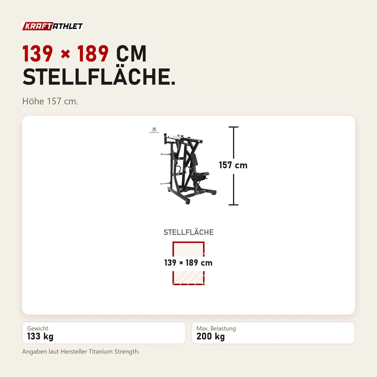 Maßbild Titanium Strength Black Series IsoLateral Rudern Tief: Stellfläche 139 × 189 cm, Höhe 157 cm