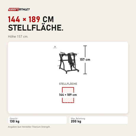 Maßbild Titanium Strength Black Series IsoLateral Schulterpresse: Stellfläche 144 × 189 cm, Höhe 157 cm