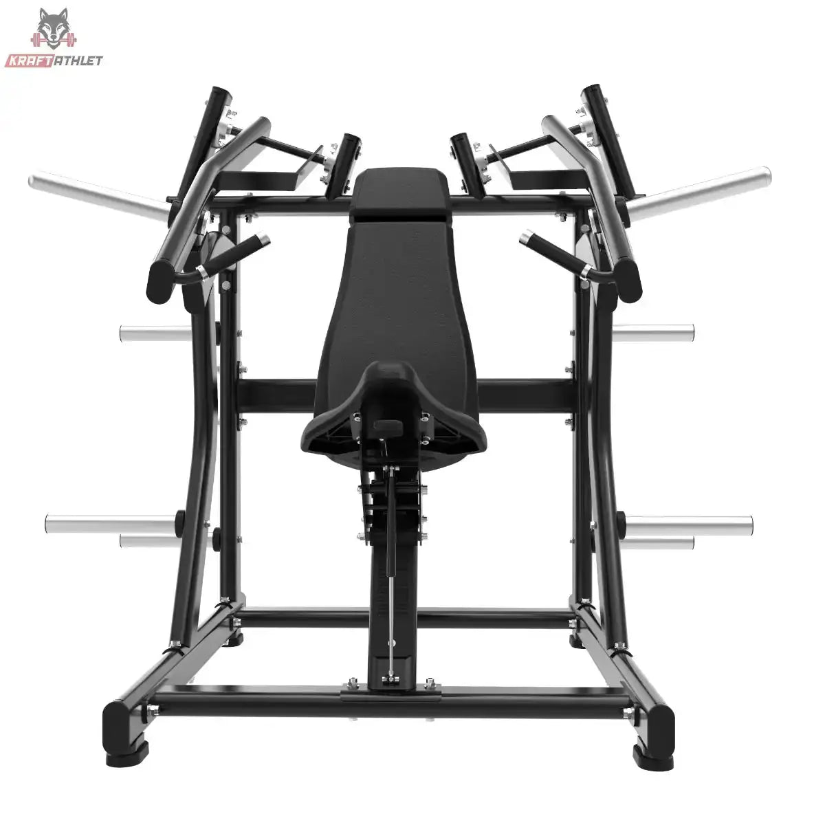 Titanium Strength Black Series IsoLateral Super Incline Chest Press in Frontansicht mit Rückenpolster und Scheibenhaltern