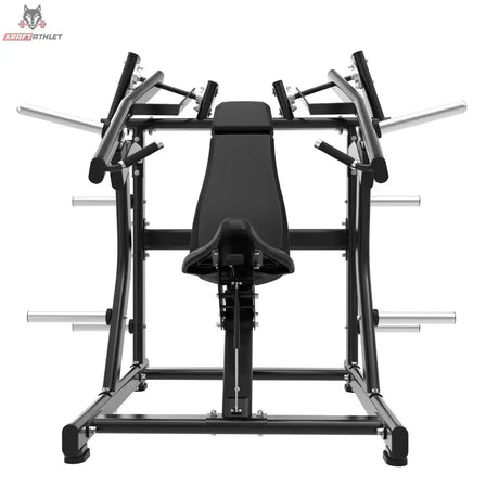 Titanium Strength Black Series IsoLateral Super Incline Chest Press in Frontansicht mit Rückenpolster und Scheibenhaltern