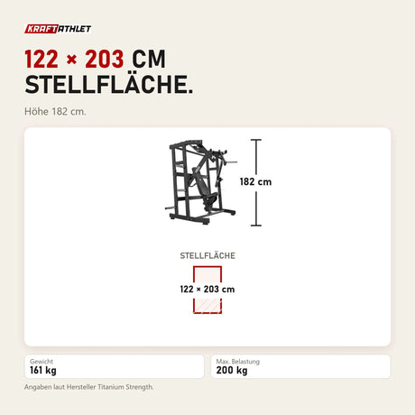 Maßbild Titanium Strength Black Series IsoLateral Wide Chest Press: Stellfläche 122 × 203 cm, Höhe 182 cm