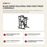 Titanium Strength Black Series IsoLateral Wide Chest Press mit 4 Merkmalen: Breite Drückbahn (Wide Chest Press), Konvergierende Hebel, Plate-Loaded bis 200 kg, Scheibenablagen an beiden Rahmenstützen