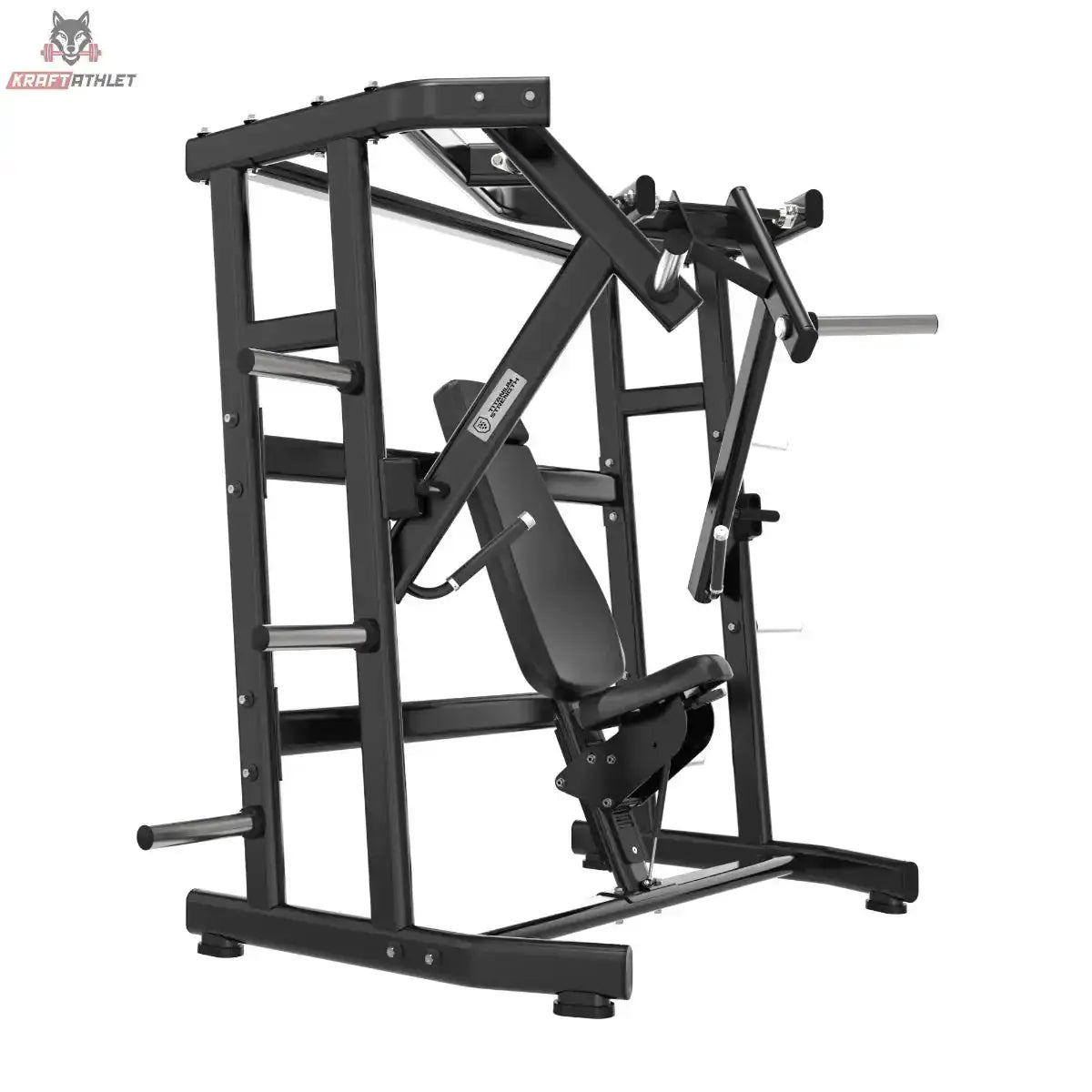 Titanium Strength Black Series IsoLateral Wide Chest Press in Schrägansicht mit breitem Rahmen und Rückenpolster