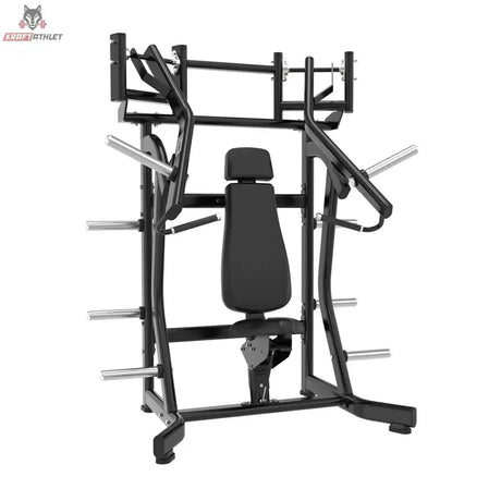 Titanium Strength Black Series IsoLaterale Schrägbank-Brustpresse Konvergent in Frontansicht mit Rückenpolster und Scheibenhaltern