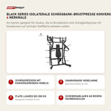 Titanium Strength Black Series IsoLaterale Schrägbank-Brustpresse Konvergent mit 4 Merkmalen: Schrägdrücken mit konvergierenden Hebeln, Unabhängige Hebelarme, Plate-Loaded bis 200 kg, Scheibenablagen an beiden Rahmensäulen