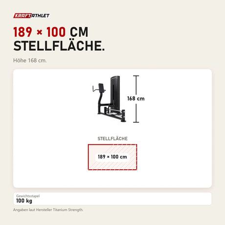 Maßbild Titanium Strength Black Series Kickmaschine: Stellfläche 189 × 100 cm, Höhe 168 cm