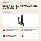 Titanium Strength Black Series Kickmaschine mit 4 Merkmalen: Fußplattform gleitet auf Doppelschienen, Strukturierte Plattform für festen Stand, Brustpolster 60 mm mit seitlichen Griffen, Gewichtsstapel 100 kg