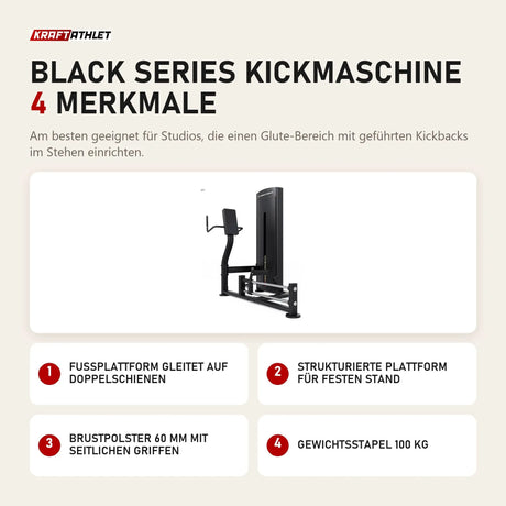 Titanium Strength Black Series Kickmaschine mit 4 Merkmalen: Fußplattform gleitet auf Doppelschienen, Strukturierte Plattform für festen Stand, Brustpolster 60 mm mit seitlichen Griffen, Gewichtsstapel 100 kg