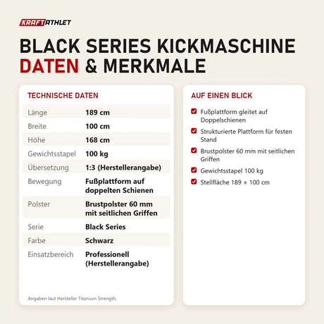 Technische Daten und Merkmale von Titanium Strength Black Series Kickmaschine als Tabelle