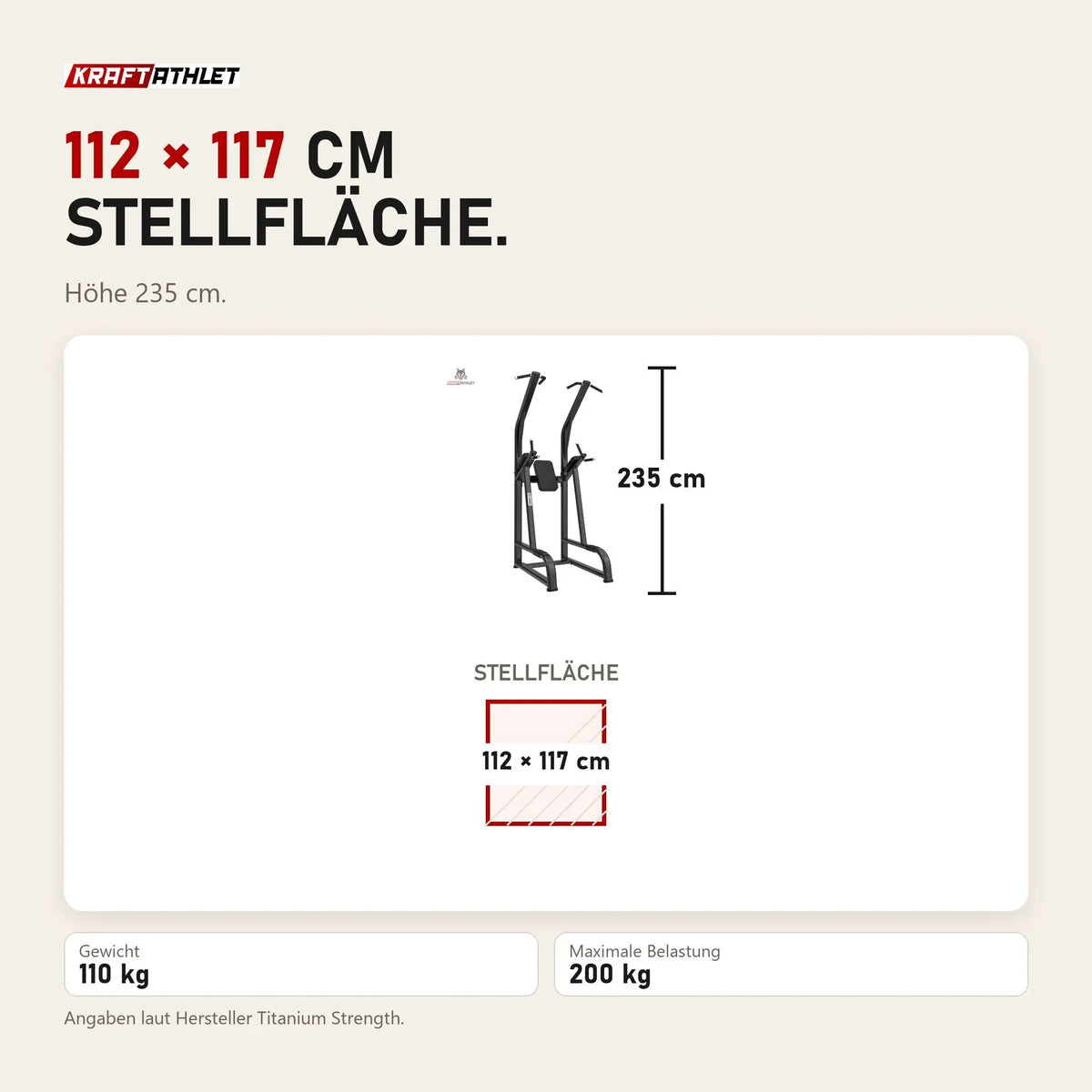 Maßbild Titanium Strength Black Series Klimmzug- und Dipstation: Stellfläche 112 × 117 cm, Höhe 235 cm