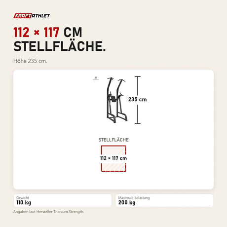Maßbild Titanium Strength Black Series Klimmzug- und Dipstation: Stellfläche 112 × 117 cm, Höhe 235 cm