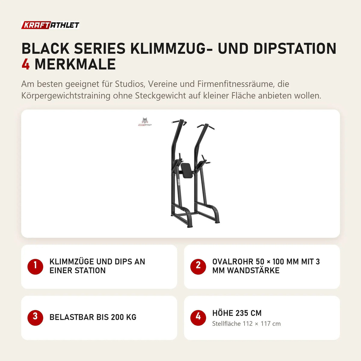 Titanium Strength Black Series Klimmzug- und Dipstation mit 4 Merkmalen: Klimmzüge und Dips an einer Station, Ovalrohr 50 × 100 mm mit 3 mm Wandstärke, Belastbar bis 200 kg, Höhe 235 cm
