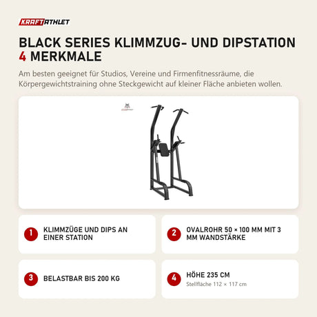 Titanium Strength Black Series Klimmzug- und Dipstation mit 4 Merkmalen: Klimmzüge und Dips an einer Station, Ovalrohr 50 × 100 mm mit 3 mm Wandstärke, Belastbar bis 200 kg, Höhe 235 cm