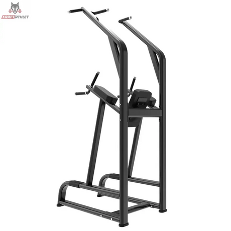 Titanium Strength Black Series Klimmzug- und Dipstation: Schrägansicht von hinten in Schwarz mit breitem Bodenrahmen