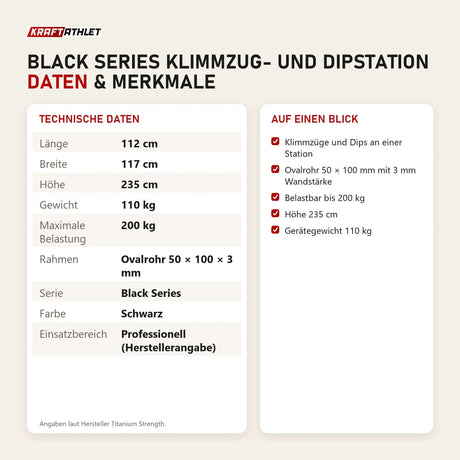 Technische Daten und Merkmale von Titanium Strength Black Series Klimmzug- und Dipstation als Tabelle