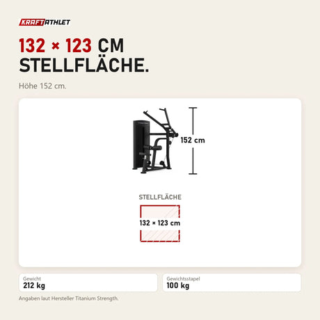 Maßbild Titanium Strength Black Series Lat Pulldown: Stellfläche 132 × 123 cm, Höhe 152 cm