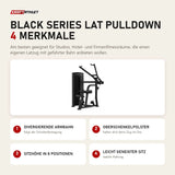Titanium Strength Black Series Lat Pulldown mit 4 Merkmalen: Divergierende Armbahn, Oberschenkelpolster, Sitzhöhe in 8 Positionen, Leicht geneigter Sitz