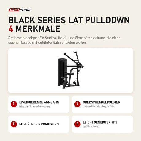 Titanium Strength Black Series Lat Pulldown mit 4 Merkmalen: Divergierende Armbahn, Oberschenkelpolster, Sitzhöhe in 8 Positionen, Leicht geneigter Sitz