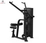 Titanium Strength Black Series Lat Pulldown: Schrägansicht von rechts mit Knierollen und Hebelarm, in Schwarz