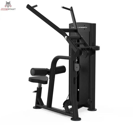 Titanium Strength Black Series Lat Pulldown: Schrägansicht von rechts mit Knierollen und Hebelarm, in Schwarz