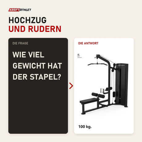 Frage und Antwort zu Titanium Strength Black Series Latzug und Rudergerät: Wie viel Gewicht hat der Stapel?