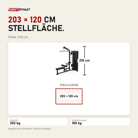 Maßbild Titanium Strength Black Series Latzug und Rudergerät: Stellfläche 203 × 120 cm, Höhe 218 cm
