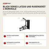 Titanium Strength Black Series Latzug und Rudergerät mit 4 Merkmalen: Hochzug und Rudern, Oberschenkelpolster in 6 Positionen, Integrierte Fußstütze, Verlängerter Sitz