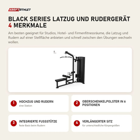 Titanium Strength Black Series Latzug und Rudergerät mit 4 Merkmalen: Hochzug und Rudern, Oberschenkelpolster in 6 Positionen, Integrierte Fußstütze, Verlängerter Sitz