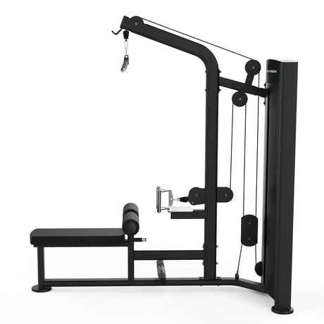 Titanium Strength Black Series Latzug und Rudergerät: Seitenansicht mit Umlenkrollen und Rudergriff, in Schwarz