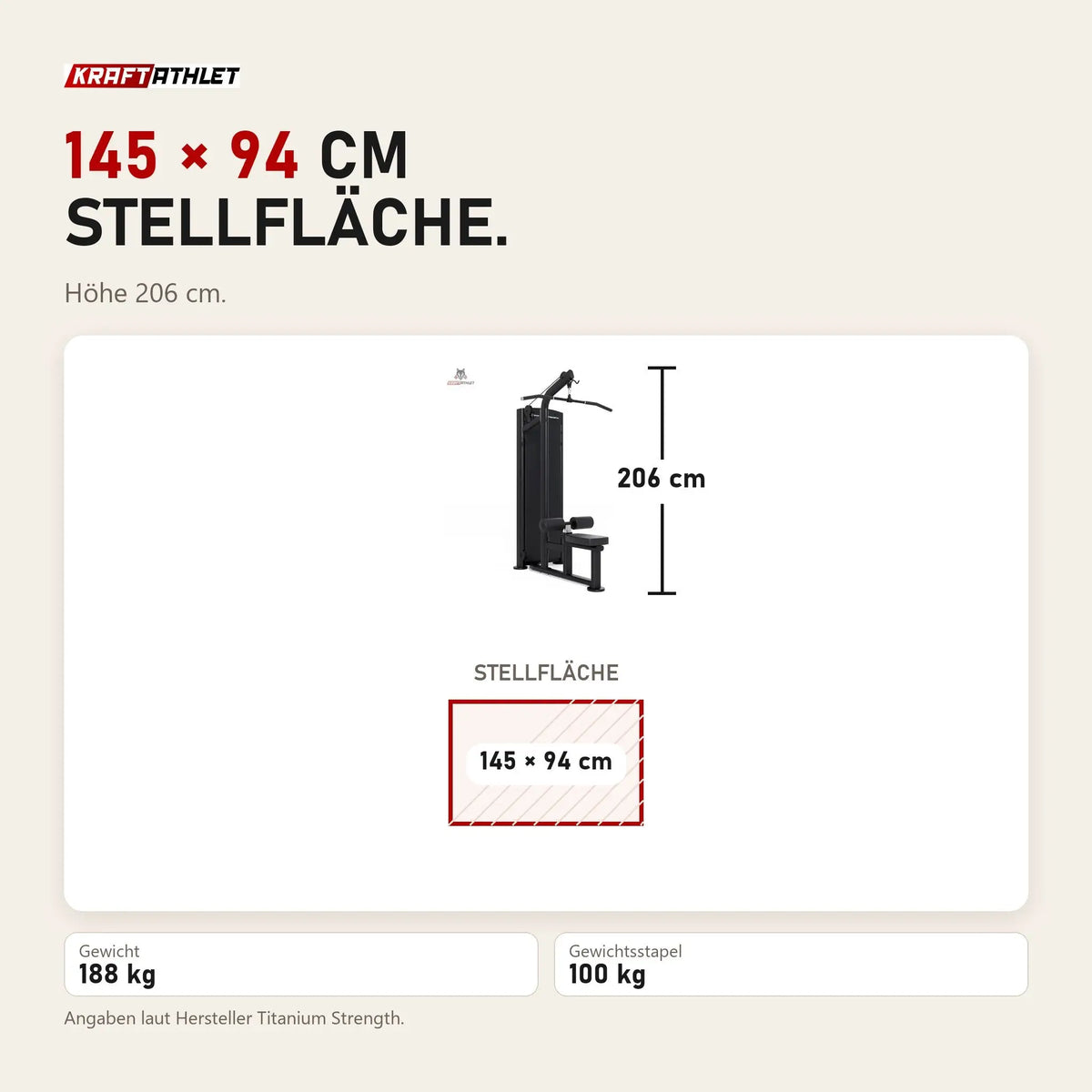 Maßbild Titanium Strength Black Series Latzugmaschine: Stellfläche 145 × 94 cm, Höhe 206 cm