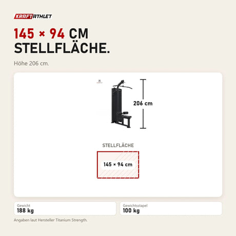 Maßbild Titanium Strength Black Series Latzugmaschine: Stellfläche 145 × 94 cm, Höhe 206 cm