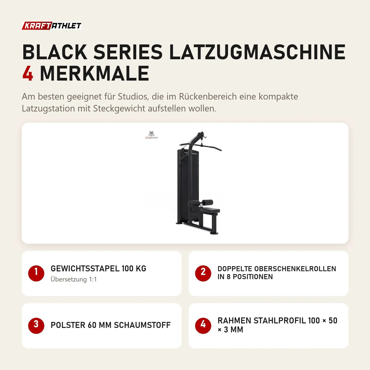 Titanium Strength Black Series Latzugmaschine mit 4 Merkmalen: Gewichtsstapel 100 kg, Doppelte Oberschenkelrollen in 8 Positionen, Polster 60 mm Schaumstoff, Rahmen Stahlprofil 100 × 50 × 3 mm
