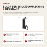 Titanium Strength Black Series Latzugmaschine mit 4 Merkmalen: Gewichtsstapel 100 kg, Doppelte Oberschenkelrollen in 8 Positionen, Polster 60 mm Schaumstoff, Rahmen Stahlprofil 100 × 50 × 3 mm