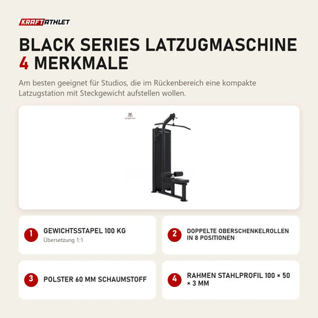 Titanium Strength Black Series Latzugmaschine mit 4 Merkmalen: Gewichtsstapel 100 kg, Doppelte Oberschenkelrollen in 8 Positionen, Polster 60 mm Schaumstoff, Rahmen Stahlprofil 100 × 50 × 3 mm