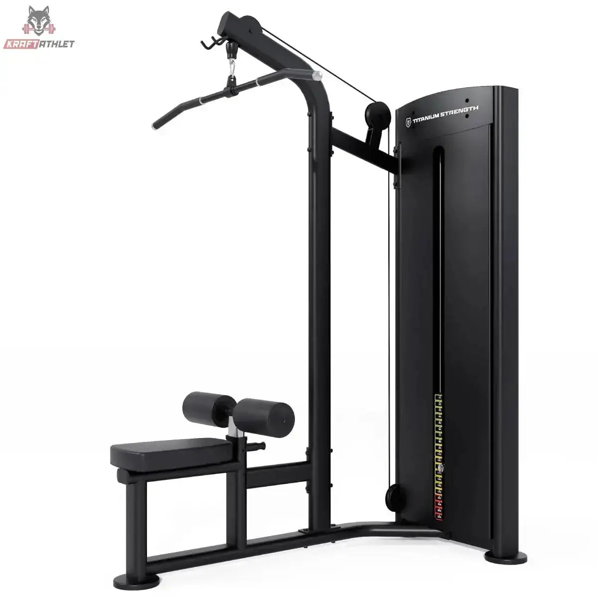 Titanium Strength Black Series Latzugmaschine – Schrägansicht von hinten mit Seilzug und Gewichtsturm, schwarz