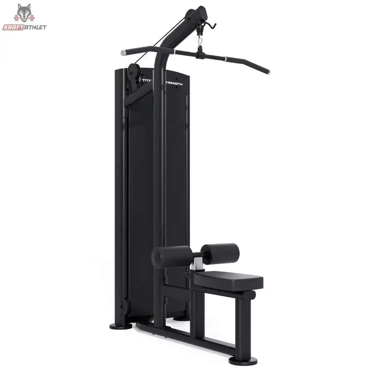 Titanium Strength Black Series Latzugmaschine – Schrägansicht mit Latzugstange, Beinpolster und Sitz, schwarz