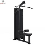Titanium Strength Black Series Latzugmaschine – Schrägansicht mit Latzugstange, Beinpolster und Sitz, schwarz