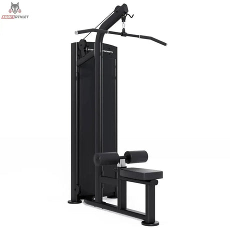 Titanium Strength Black Series Latzugmaschine – Schrägansicht mit Latzugstange, Beinpolster und Sitz, schwarz