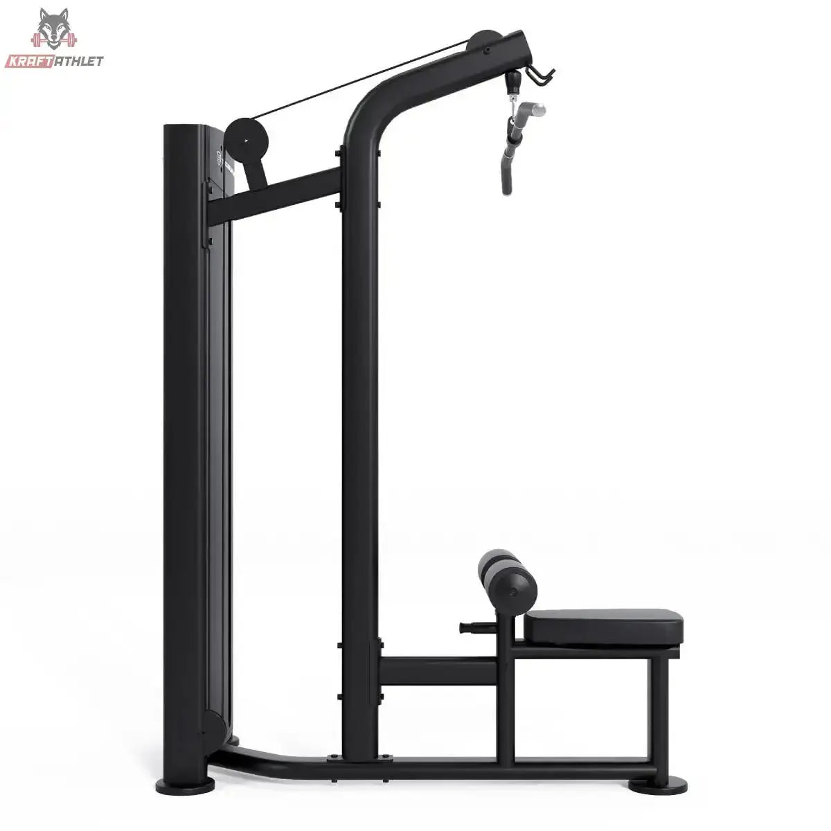 Titanium Strength Black Series Latzugmaschine – Seitenansicht mit Latzugstange, Umlenkrolle und Sitz, schwarz