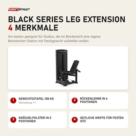 Titanium Strength Black Series Leg Extension mit 4 Merkmalen: Gewichtsstapel 100 kg, Rückenlehne in 6 Positionen, Knöchelpolster in 5 Positionen, Seitliche Griffe für festen Sitz