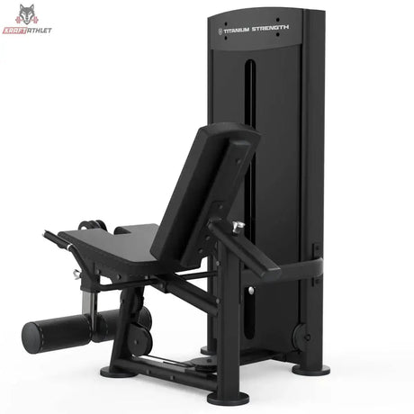 Titanium Strength Black Series Leg Extension: Schrägansicht von rechts mit Sitz und Beinrollen, in Schwarz