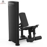 Titanium Strength Black Series Leg Extension: Seitenansicht mit Gewichtsturm im Vordergrund, in Schwarz