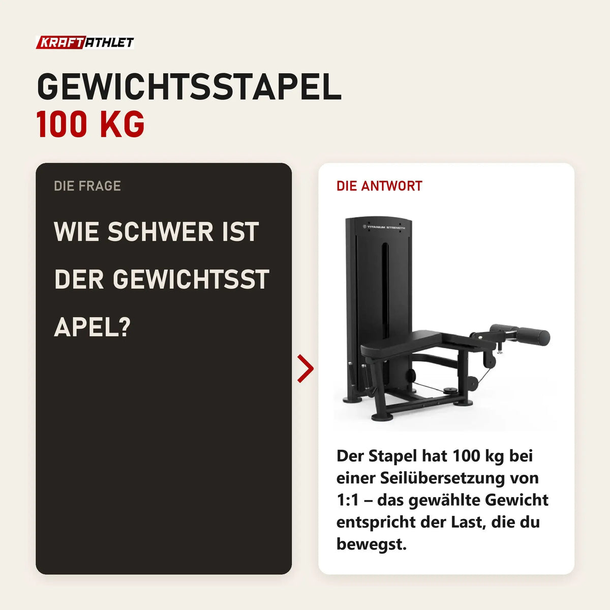 Frage und Antwort zu Titanium Strength Black Series Liegender Beincurl: Wie schwer ist der Gewichtsstapel?